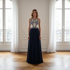 Sequin Hearts Navy Blue Illusion Beaded Sequin Prom Dress Maxi Gown Size 9